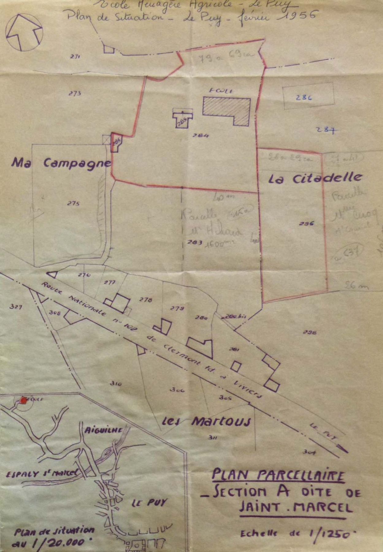 Plan de situation de l’école départementale d’enseignement ménager agricole, 1956 (Arch. dép. Haute-Loire, 2229 W 26).