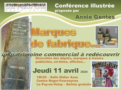 Affiche de la conférence "Les marques de fabrique... un patrimoine commercial à redécouvrir", 11 avril 2024