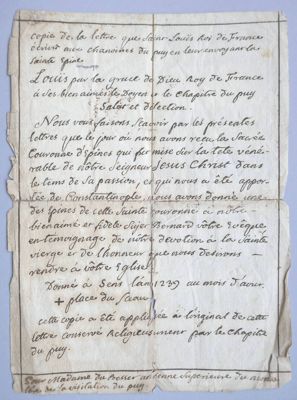 Archives départementales de la Haute-Loire. Copie d'une lettre adressée par Saint Louis aux chanoines du Puy en août 1239 (G 120/1).