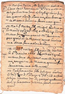 Archives départementales de la Haute-Loire. Fonds d'archives de la famille Bertier, de Brioude (baptistaire familial manuscrit, 1657-1735, 3 NUM 306/9).