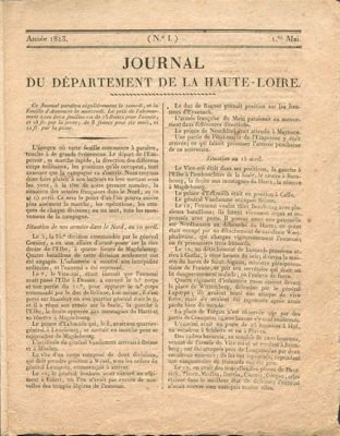 Archives départementales de la Haute-Loire. Journal de la Haute-Loire, page "une" du premier numéro, 1er mai 1813 (2 PB 44).