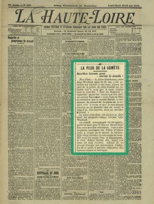 Archives départementales de la Haute-Loire. Comète de Halley, numéro du journal La Haute-Loire du 23 mai 1910 (2 PB 8).
