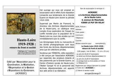 Archives départementales de la Haute-Loire. Bulletin de souscription au catalogue de l'exposition "1919-1928, retours du front et société".
