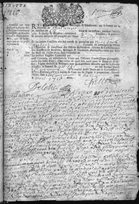 Archives départementales de la Haute-Loire. Registre paroissial des baptêmes, mariages et sépultures de la commune de Malvières, 1669-1758 (E-dépôt 140/1, année 1710, détail) 