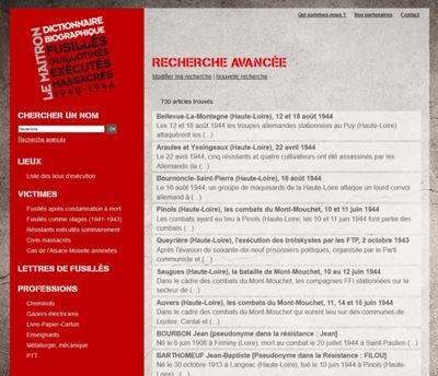 Archives départementales de la Haute-Loire. Dictionnaire biographique des Fusillés, massacrés, guillotinés, massacrés, 1940-1944 (recherche notices Haute-Loire).