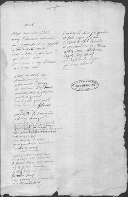 Archives départementales de la Haute-Loire. Poème trouvé dans le registre des baptêmes, mariages et sépultures de Chanteuges, année 1703 (6 E 59/1-B).