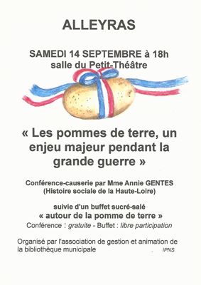 Archives départementales de la Haute-Loire. Conférence "Les pommes de terre, un enjeu majeur pendant la Grande Guerre", Annie Gentes, Centre d'histoire sociale de Haute-Loire.