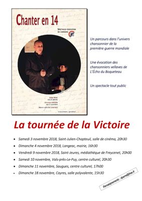 Archives départementales de la Haute-Loire. Spectacle chanté "La tournée de la Victoire" (D. Perre, V. Soignon, L. Ales), nouveaux horaires.