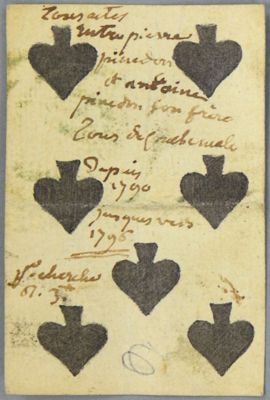 Archives départementales de la Haute-Loire. Cartes à jouer trouvées dans les minutes du notaire Bernard à Rosières (3 E 361/4, XVIIIe s.).