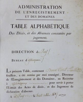 Archives départementales de la Haute-Loire. Tables des extraits de sépultures (1737-1865) et des décès (1789-1872) versées par les services fiscaux (2 C, 3 Q).