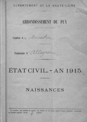 Archives départementales de la Haute-Loire. État civil en ligne, mise en ligne des naissances 1915 (1925 W 12, Alleyrac, détail).