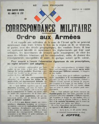 Archives départementales de la Haute-Loire. Affiche "Ordre aux Armées. Correspondance militaire.", 25 juillet 1915, (11 Fi 1541, octobre 2015).