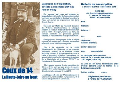 Archives départementales de la Haute-Loire. Bulletin de souscription au catalogue de l'exposition "Ceux de 1914, la Haute-Loire au front" (novembre 2015).
