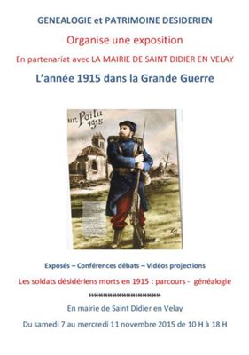Archives départementales de la Haute-Loire. Exposition "L'année 1915 dans la Grande guerre", association Généalogie et patrimoine désidérien et mairie de Saint-Didier-en-Velay (novembre 2015).