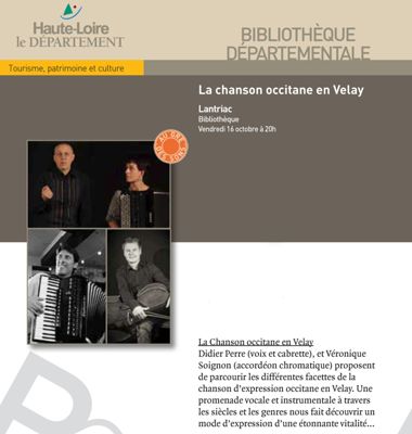 Archives départementales de la Haute-Loire. Bibliothèque départementale : "La chanson occitane en Velay", Didier Perre (voix et cabrette) et Véronique Soignon (accordéon chromatique), 16 octobre 2015