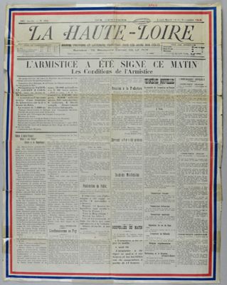 Archives départementales de la Haute-Loire. Armistice de 1918, édition des 11-12 novembre 1918 du journal « La Haute-Loire » (2 PB 8).