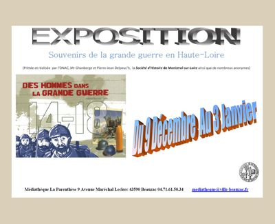 Archives Départementales de la Haute-Loire. Exposition "Souvenirs de la Grande guerre 1914-1918", médiathèque de Beauzac.