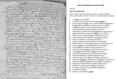 Archives départementales de la Haute-Loire. Cours de paléographie, mois de mars 2020, texte et corrigé, page 1/1 (E-dépôt 102/7). 