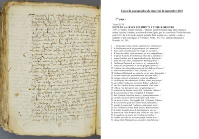 Archives départementales de la Haute-Loire. Cours de paléographie, mois de septembre 2018 et corrigé, texte (3 E 53/2).