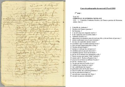 Archives départementales de la Haute-Loire. Cours de paléographie du mois d'avril 2018, texte et corrigé (298 J 12).