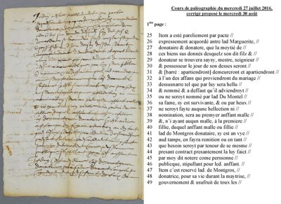 Archives départementales de la Haute-Loire. Cours de paléographie, mois de juillet 2016 et corrigé (134 J NC, détail).
