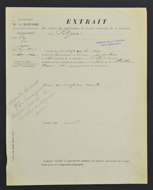 Document 2 : extrait du registre des délibérations du conseil municipal de Polignac