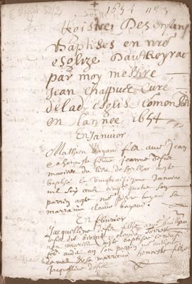 Archives départementales de la Haute-Loire. Effectuez une recherche dans les fonds de l'état civil (E-dépôt 152/2, Les Estables, baptêmes, 1654).