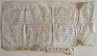 Archives départementales de la Haute-Loire. Fonds du monatsère de Lavaudieu. Vidimus d'un hommage rendu en l'an 1306 par Jean Blanc en faveur de dame Béatrice de Grizols, prieure de Paulhaguet (98 H 10/34).