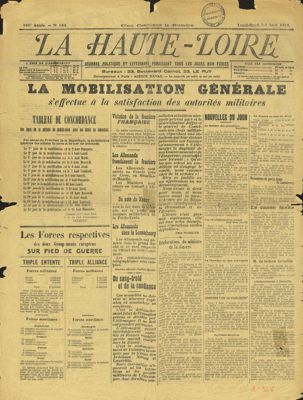 Archives départementales de la Haute-Loire. Presse ancienne en ligne (La Haute-Loire, 3 août 1914, 2 Pb 8).