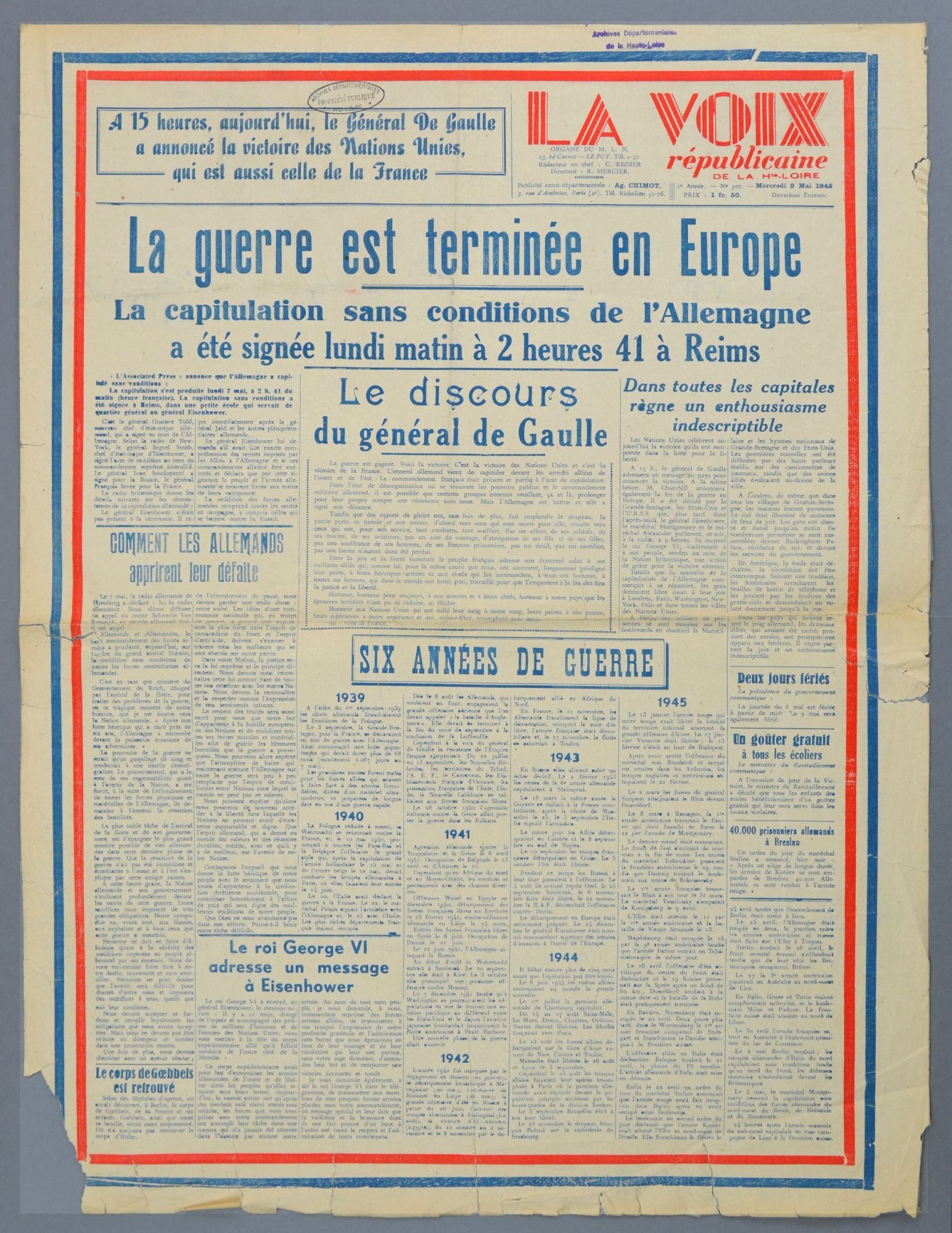 Journal "La Voix Républicaine", Numéro Du 9 Mai 1945 (2 Pb 42)