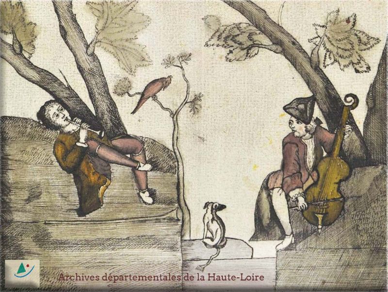 Archives départementales de la Haute-Loire. Dessin de J. P. Deluc (plume et gouache, extrait), tiré du compoix du Puy-en-Velay par Mondilhon et Moliérer, notaires, 1720-1730 (149 J 626). 