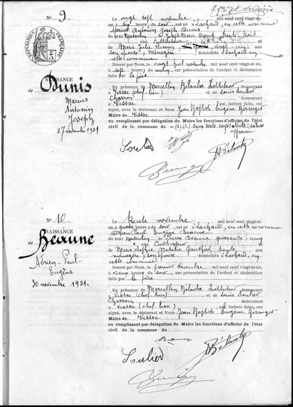Archives départementales de la Haute-Loire. Mise en ligne des actes de naissances de l'année 1921 (registres de Vissac, ancienne commune, naissances 1921, 1925 W 1030, détail).