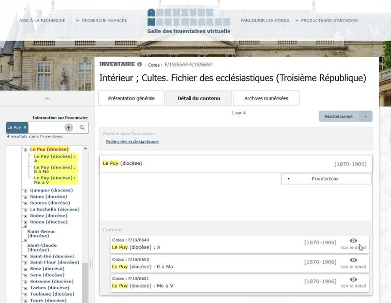 Fichier des ecclésiastiques (Troisième République), site internet des Archives nationales, salle des inventaires virtuelle.