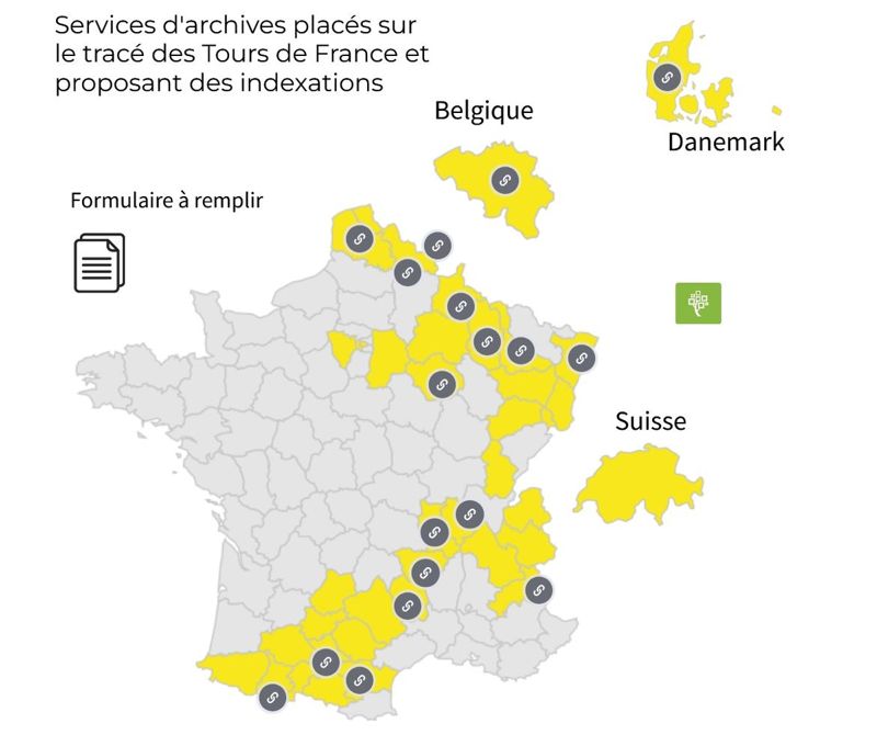 Carte interactive du Tour de France 2022 de l'indexation des ressources généalogiques sur les sites d'archives jalonnant le tracé du Tour de France (site GénéaTech)