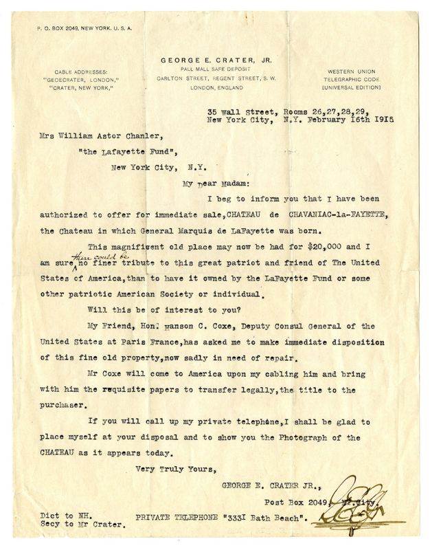 Lettre de George E. Crater Jr. à Beatrice Chanler, New York, 16 février 1915 (233 J 1)