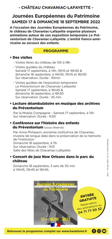 JEP2022# au château de Chavaniac-Lafayette les 17 et 18 septembre, en lien avec l’exposition temporaire : programme des animations.