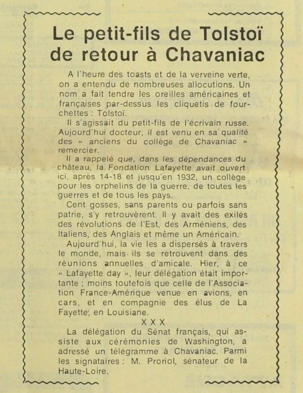 Entrefilet accompagnant l'article de presse ci-contre, extrait du journal L’Espérance, 7 septembre 1976  (Archives du château de Chavaniac, 233 J 297)