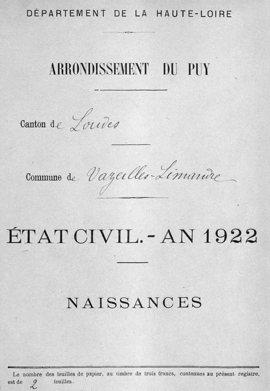 Page de garde des actes de naissances de l'année 1923 de la commune de Vazeille-Limandres (1925 W 994)