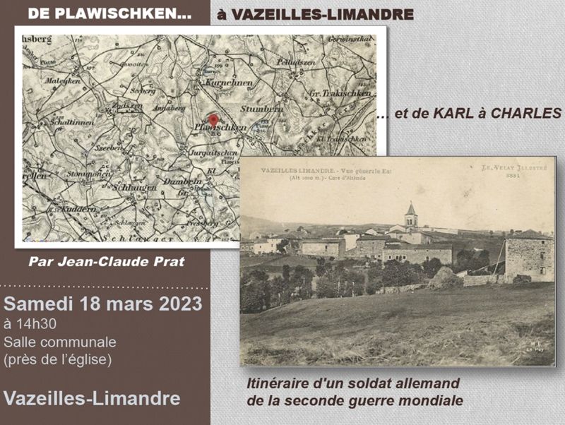 Conférence de Jean-Claude Prat, "De Plawischken... à Vazeilles-Limandre... et de Karl à Charles" (affiche)