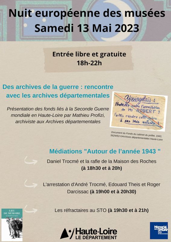 Nuit européenne des musées, Lieu de Mémoire au Chambon-sur-Lignon, samedi 13 mai 2023 (affiche)