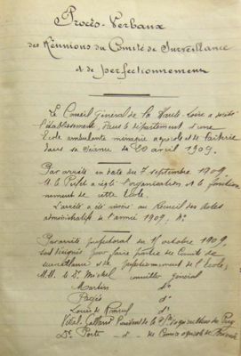 Procès-verbal d’installation du comité de surveillance et de perfectionnement de la première école ménagère ambulante de Haute-Loire, 1909 (Arch. dép. Haute-Loire, 2229 W 1).